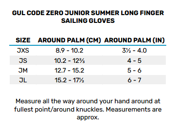 2025 Gul Code Zero Junior Summer Sailing Long Gloves 0 Größentabelle